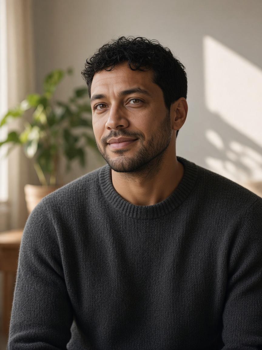 A man at home in daylight, looking slightly off camera.